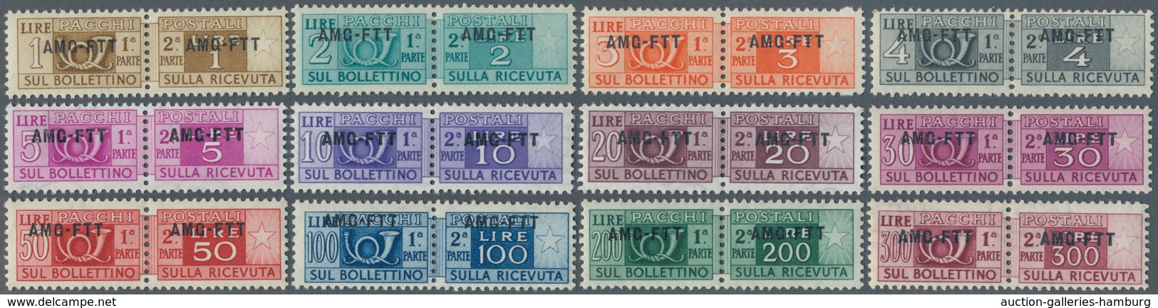Triest - Zone A - Paketmarken: 1949/1954, 1l. To 1000l., Set Of 15 Stamps (incl. 1000l. In Both Perf - Postal And Consigned Parcels