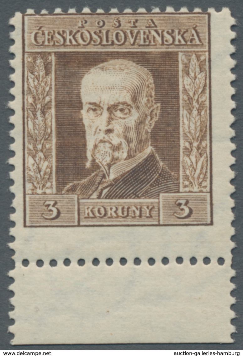 Tschechoslowakei: 1925, "3 Kr. Masaryk With Watermark X", Unused Lower Margin Value In Perfect Condi - Unused Stamps