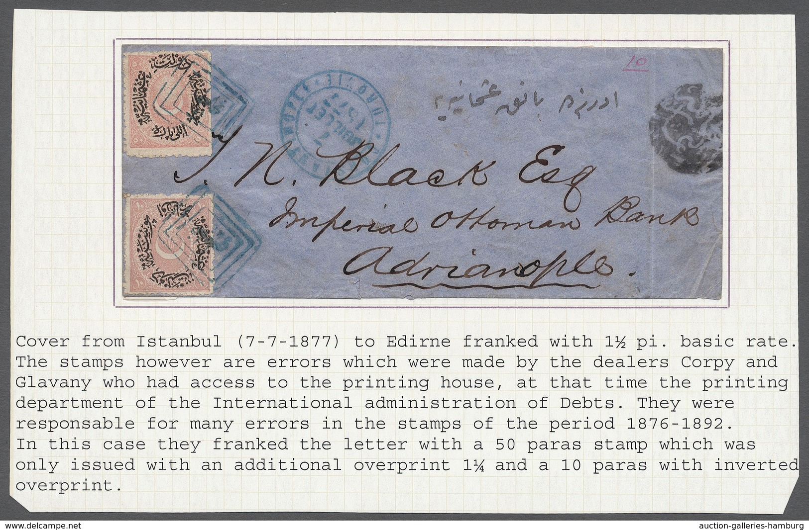 Türkei: 1877, Cover From GALATA To Edirne With Two Errors, 10 Pa. With Inverted Overprint And 50 Pa. - Unused Stamps