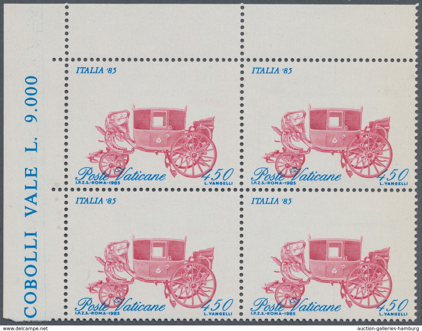 Vatikan: 1985, 450 L Cobalt/purple In Block Of Four, Left Corner Edge, Carriage Strongly Shifted Dow - Unused Stamps