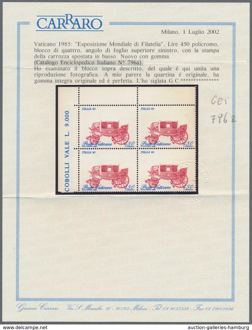 Vatikan: 1985, 450 L Cobalt/purple In Block Of Four, Left Corner Edge, Carriage Strongly Shifted Dow - Unused Stamps