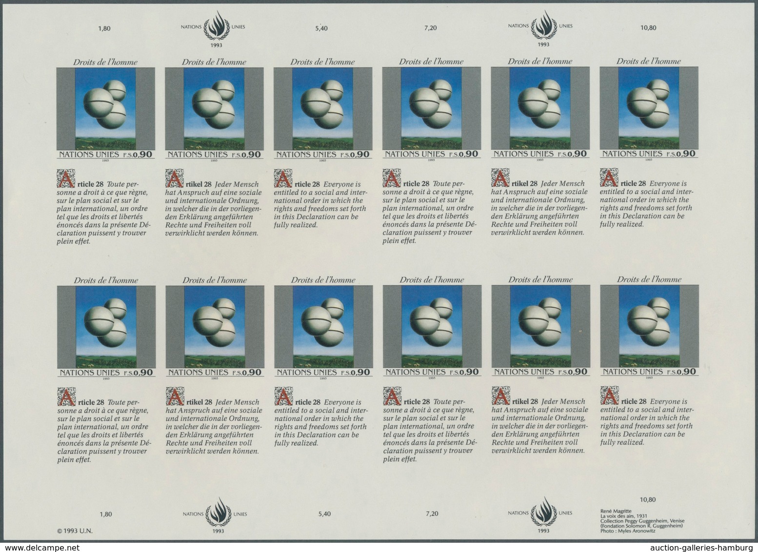 Vereinte Nationen - Genf: 1993. Imperforate Pane Of 12 + 12 Se-tenant Labels For The 90c Value Of Th - Sonstige & Ohne Zuordnung