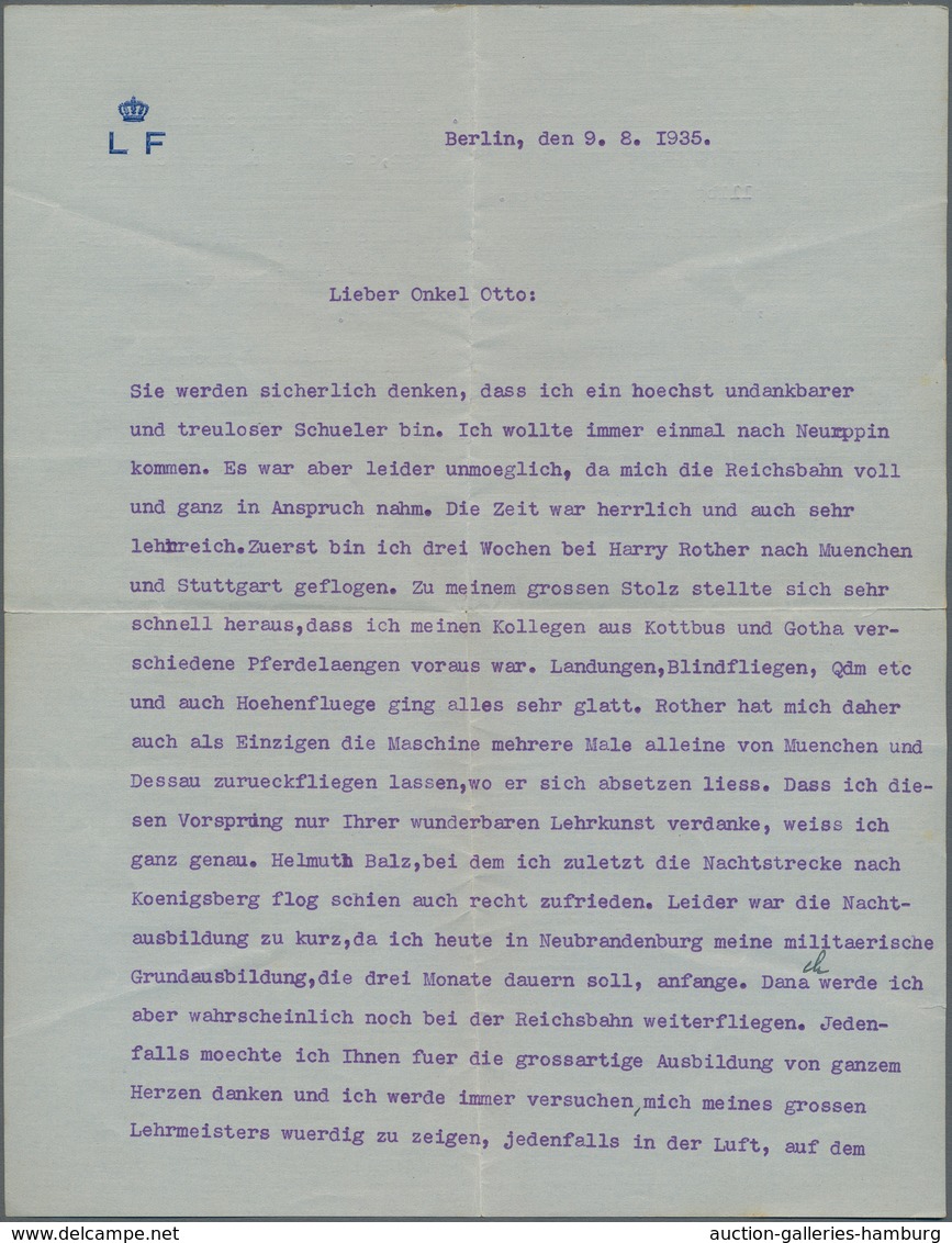 Autographen: PRINZ LOUIS FERDINAND V. PREUSSEN (1907-1994) , 1935 Brief Mit Rückseits Geprägtem Abse - Other & Unclassified