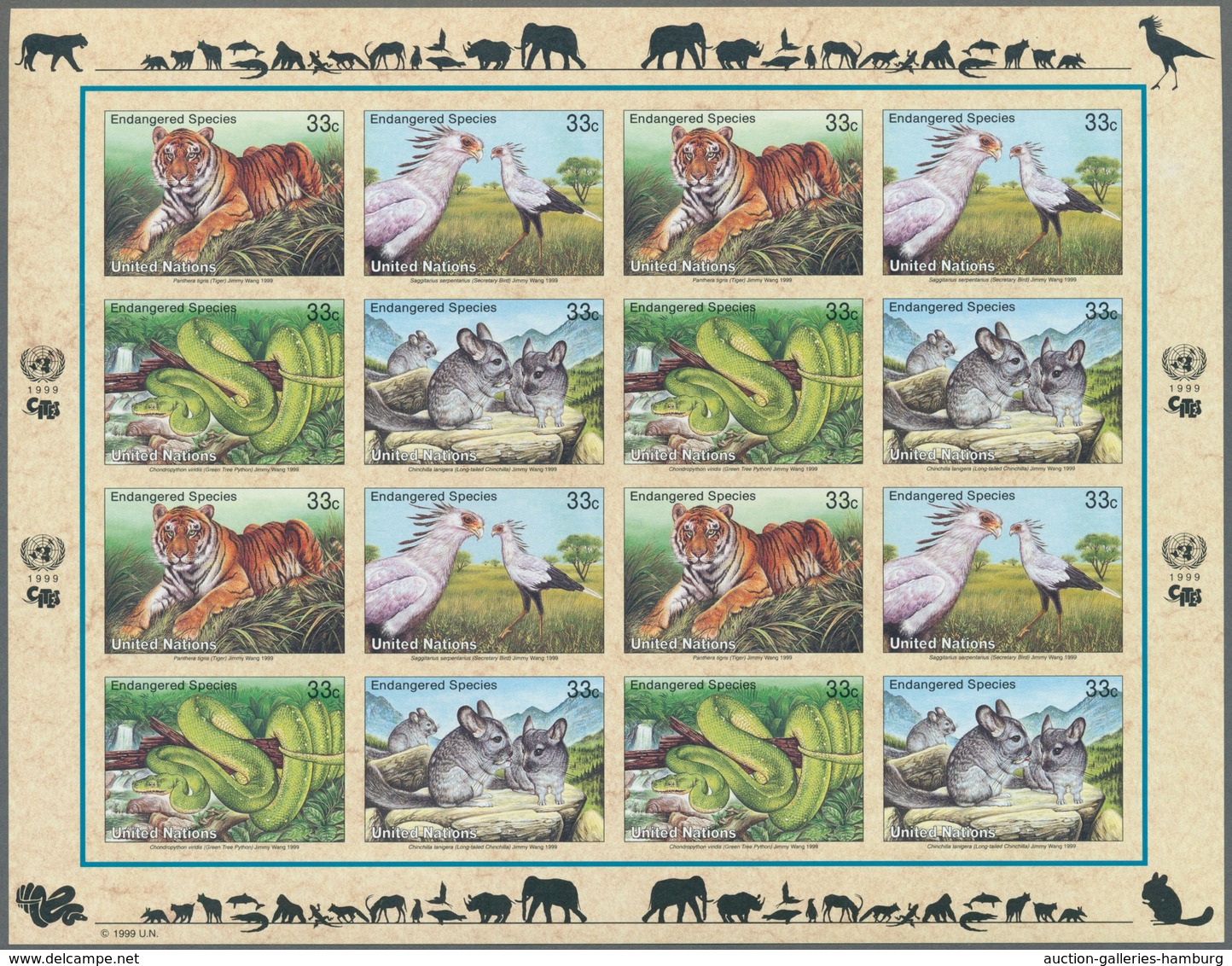 Thematik: Tiere, Fauna / Animals, Fauna: 1990, Endangered Species 33c. Tiger, Secretary Bird, Green - Sonstige & Ohne Zuordnung