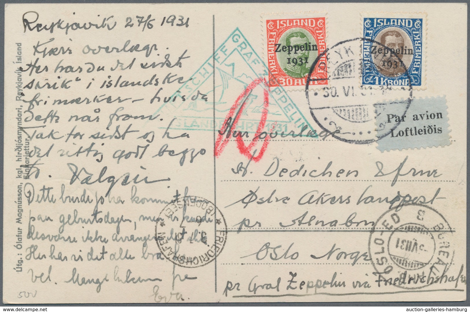 Zeppelinpost Europa: 1931, ISLANDFAHRT/ISLAND: Ppc Sent Registered From REYKJAVIK Franked With 30 Au - Sonstige - Europa