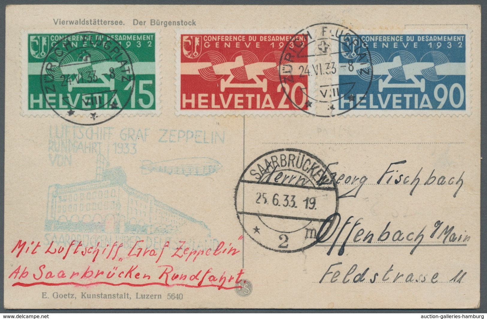 Zeppelinpost Europa: 1933 - Saargebietsfahrt/Rundfahrt, Zuleitung Schweiz Auf Portorichtig Frank. AK - Europe (Other)