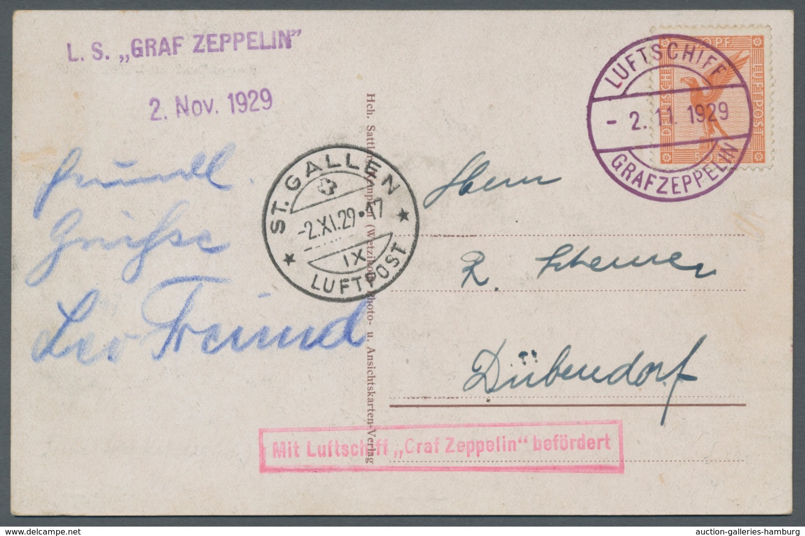 Zeppelinpost Deutschland: 1929, Dübendorffahrt, Bordpost Vom 2.11., Abwurf St.Gallen 2.XI., Bestätig - Airmail & Zeppelin