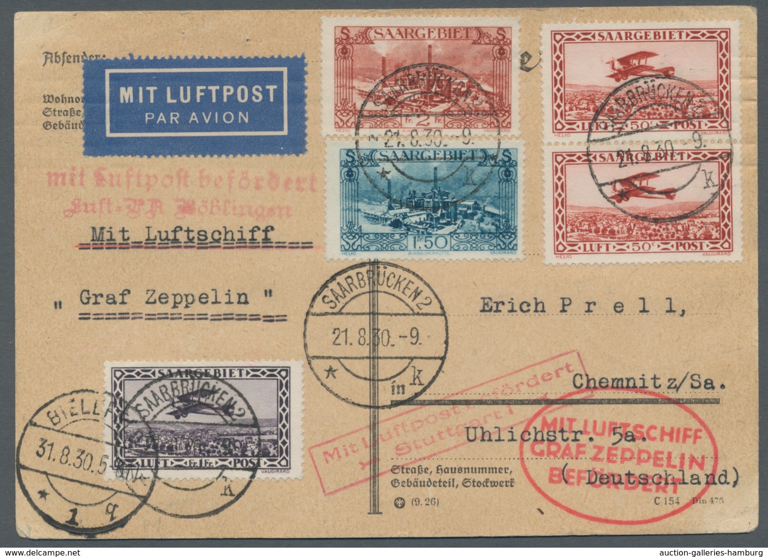 Zeppelinpost Deutschland: 1930 - Landungsfahrt Nach Bielefeld/Postabgabe, Zuleitung Saar Auf Portori - Luft- Und Zeppelinpost