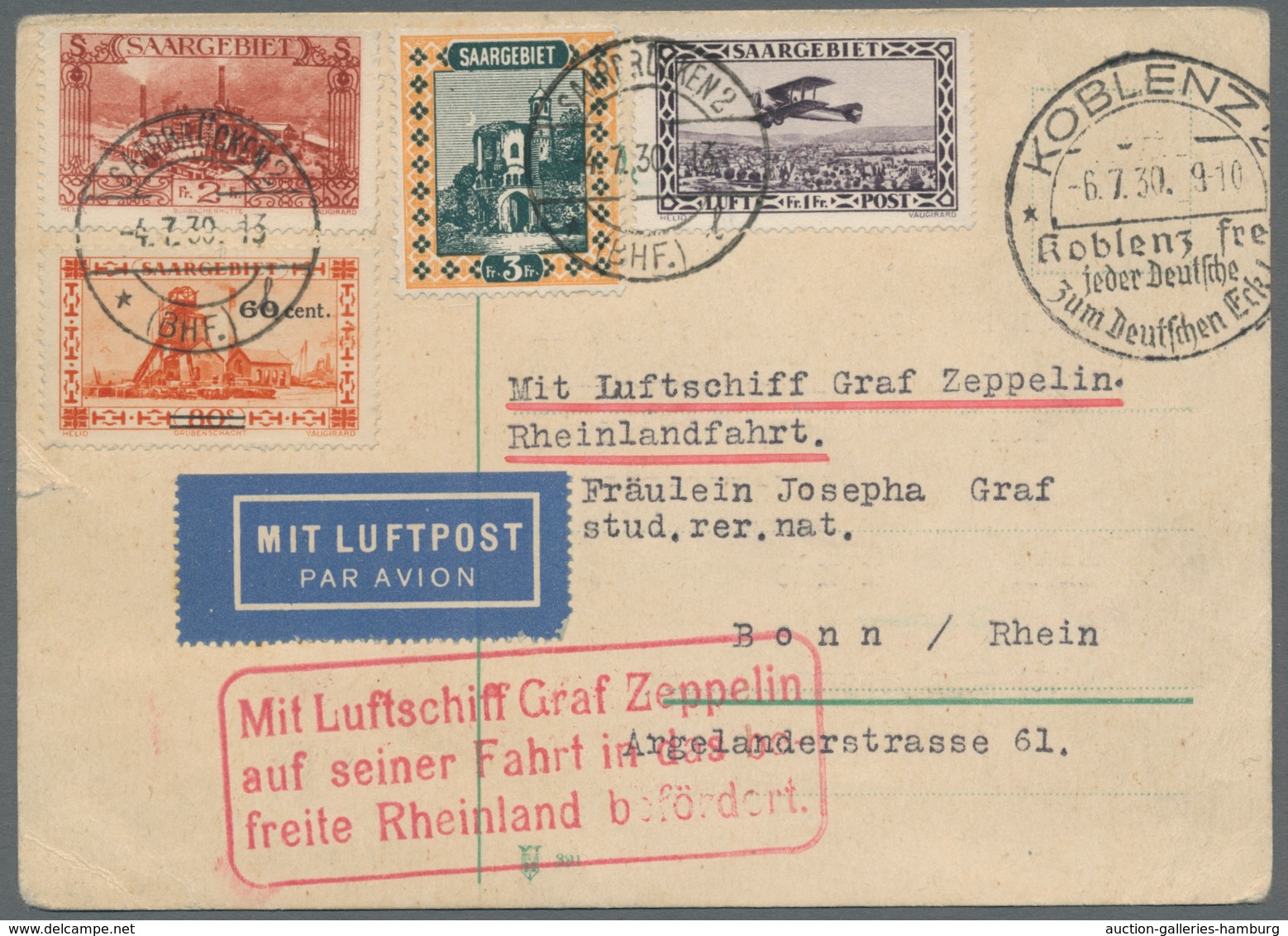 Zeppelinpost Deutschland: 1930, Rheinlandfahrt, Zuleitung SAARGBIET, Ab Saarbrücken Vom 4.7.30 Auf K - Airmail & Zeppelin