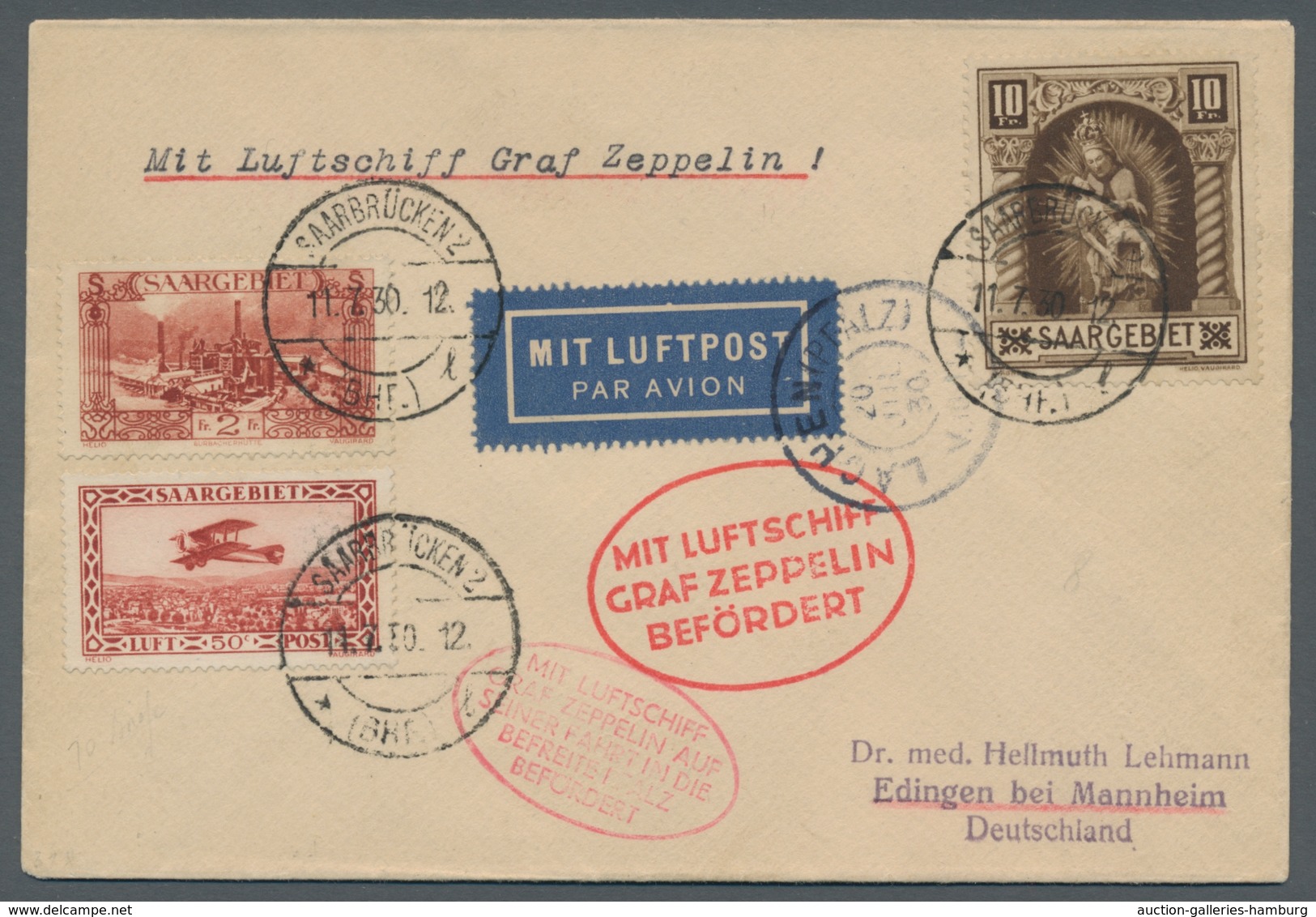 Zeppelinpost Deutschland: 1930, Pfalzfahrt, Zuleitung SAARGEBIET 11.7., Ankunft Lachen Neustadt 20.7 - Correo Aéreo & Zeppelin