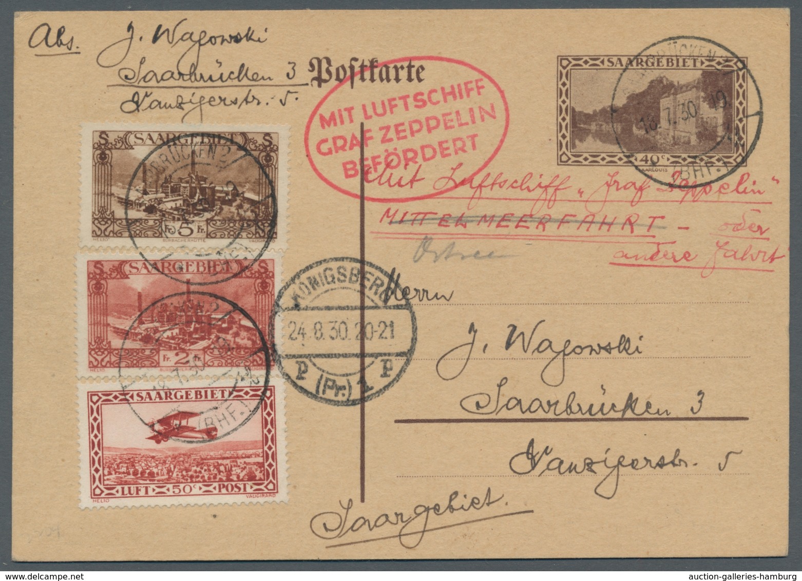 Zeppelinpost Deutschland: 1930, Zuleitung SAARGEBIET 18.7, Flug Nach Königsberg 24.8, Auf Erster Bek - Luft- Und Zeppelinpost