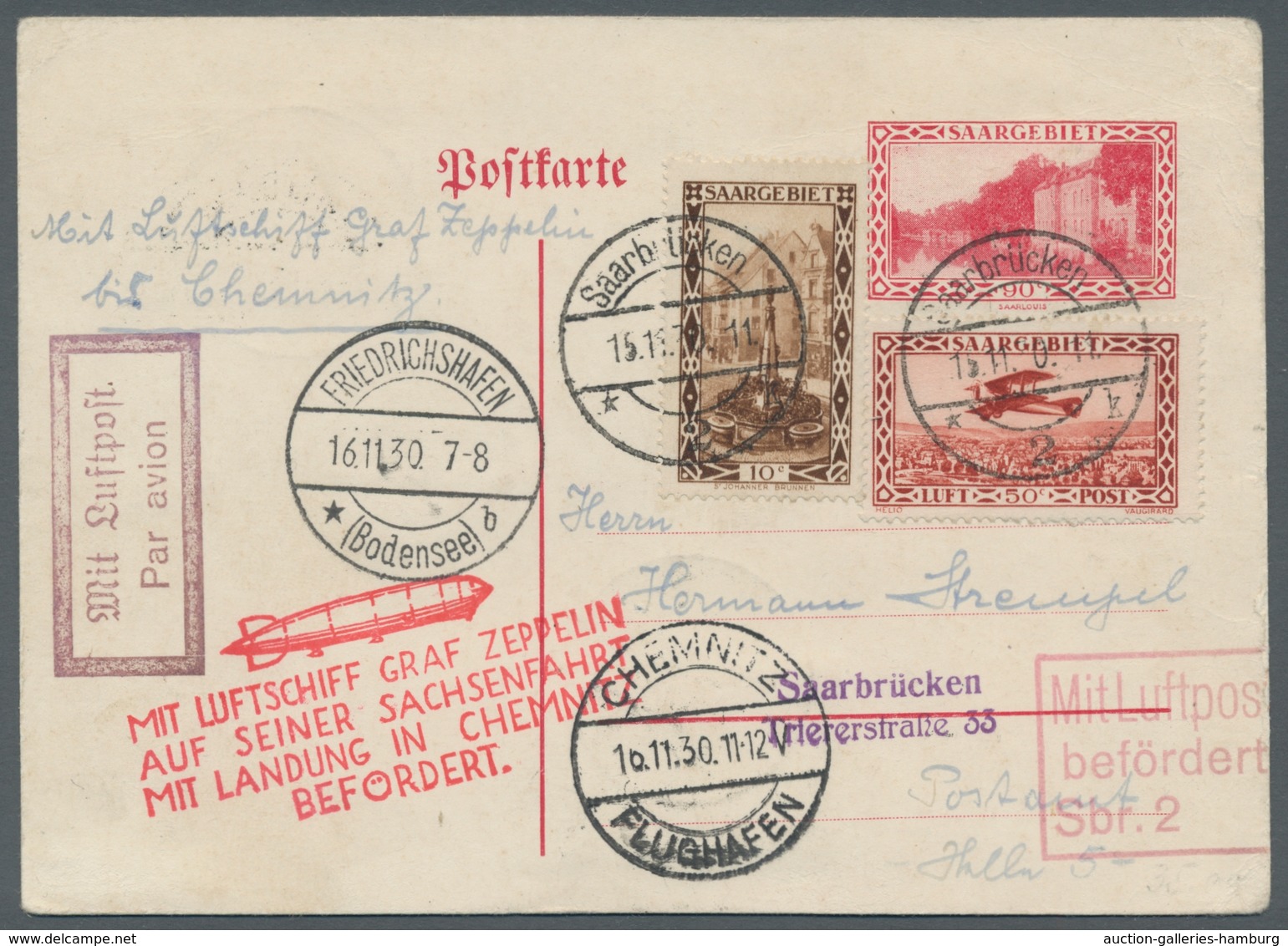 Zeppelinpost Deutschland: 1930, Landungsfahrt Chemnitz, Zuleitung SAARGEBIET 15.11., Via F'hafen 16. - Airmail & Zeppelin