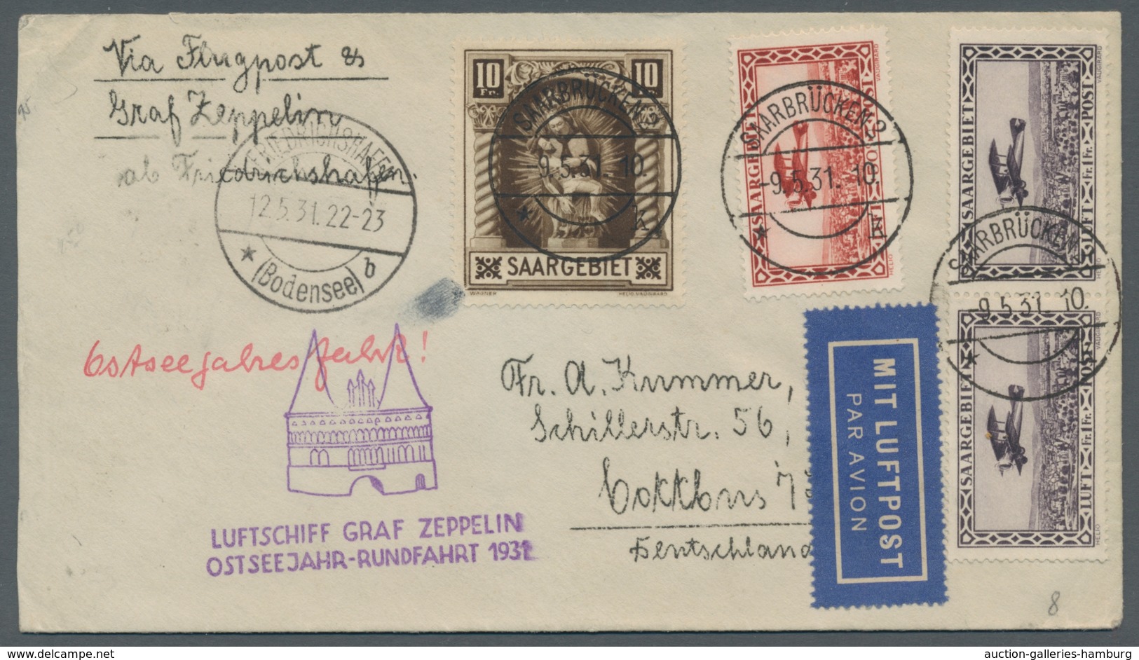 Zeppelinpost Deutschland: 1931, Ostseerundfahrt, Zuleitung SAARGEBIET, Saarbrücken 9.5.31, F'hafen 1 - Luft- Und Zeppelinpost