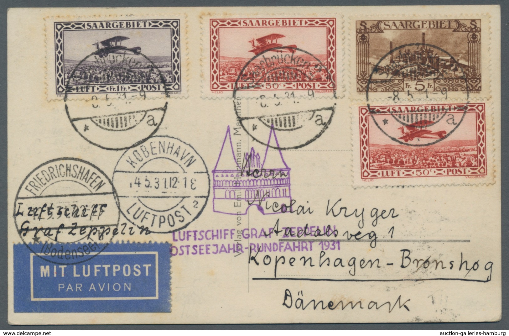 Zeppelinpost Deutschland: 1931, Ostseerundfahrt, Zuleitung SAAR, Abwurf Kopenhagen, Mit Allen Stempe - Luft- Und Zeppelinpost