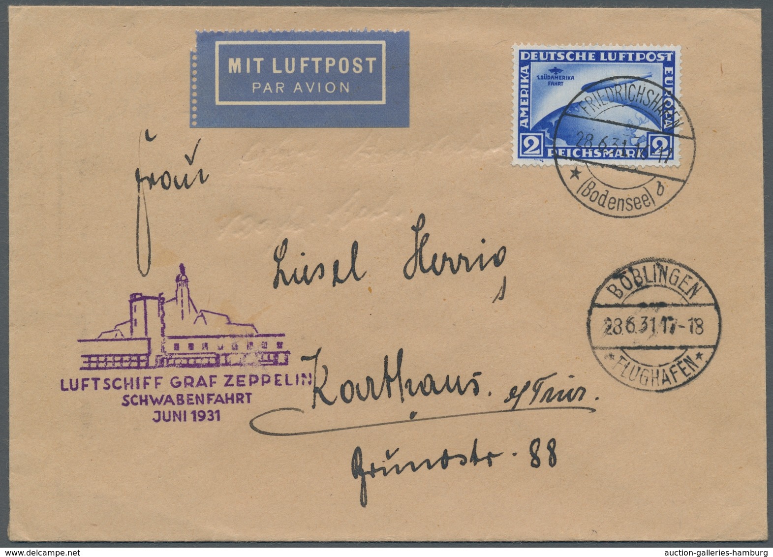 Zeppelinpost Deutschland: 1931 - Schwabenfahrt, Mit 2 RM SAF Portorichtig Frankierter Brief Mit Aufl - Airmail & Zeppelin