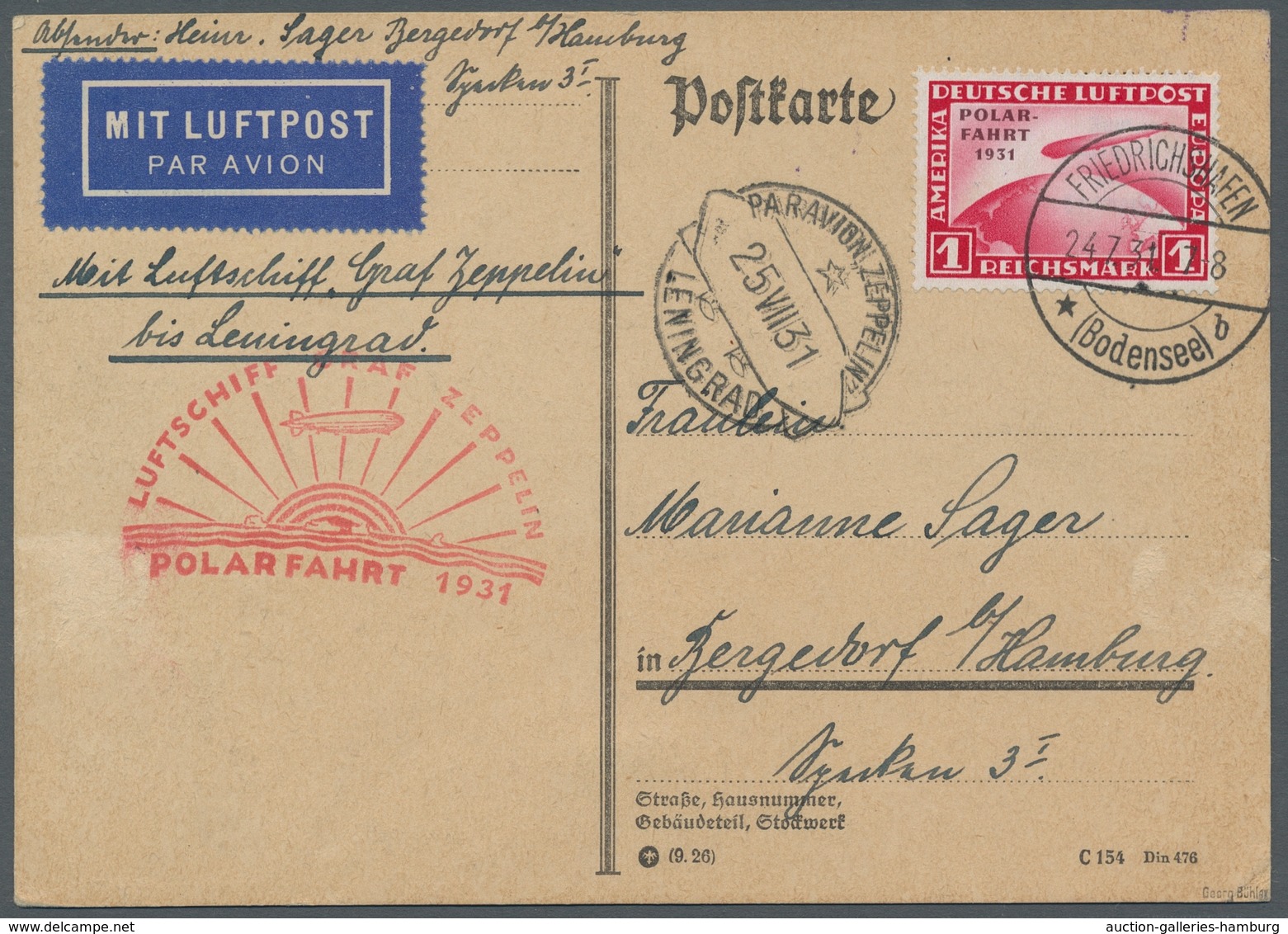 Zeppelinpost Deutschland: 1931 - Polarfahrt, Portorichtig Mit 1 RM Polarfahrt Frankierte Karte Mit A - Airmail & Zeppelin