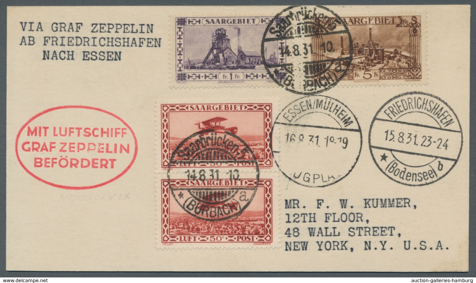 Zeppelinpost Deutschland: 1931, Fahrt Nach Essen, Zuleitung SAARGEBIET, Saarbrücken 14.8., Via F'haf - Luft- Und Zeppelinpost