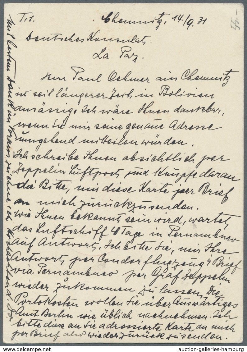 Zeppelinpost Deutschland: 1931, 2.SAF, Anschlußflug Ab Berlin Bis La Paz, Bolivien. Seltene Bedarfsk - Luft- Und Zeppelinpost