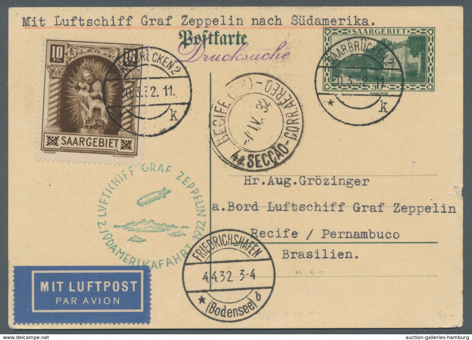 Zeppelinpost Deutschland: 1932, 2. Südamerikafahrt, Zuleitung SAARGEBIET 30.3., Portogerechte GSK P2 - Luft- Und Zeppelinpost