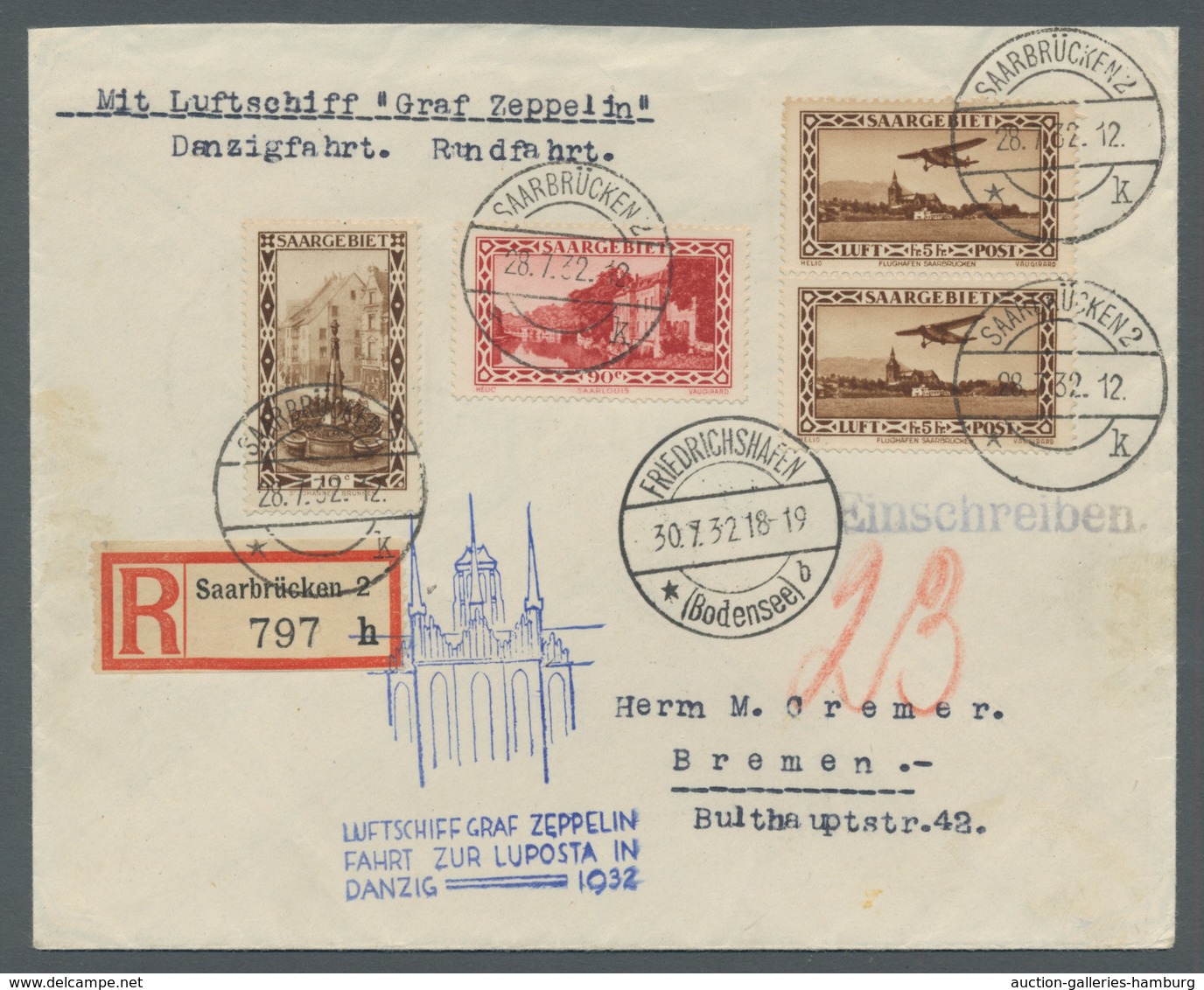 Zeppelinpost Deutschland: 1932 - "LUPOSTA"-Fahrt, Zuleitung Saar Bis Danzig Mit Hochwertiger Frankat - Luft- Und Zeppelinpost