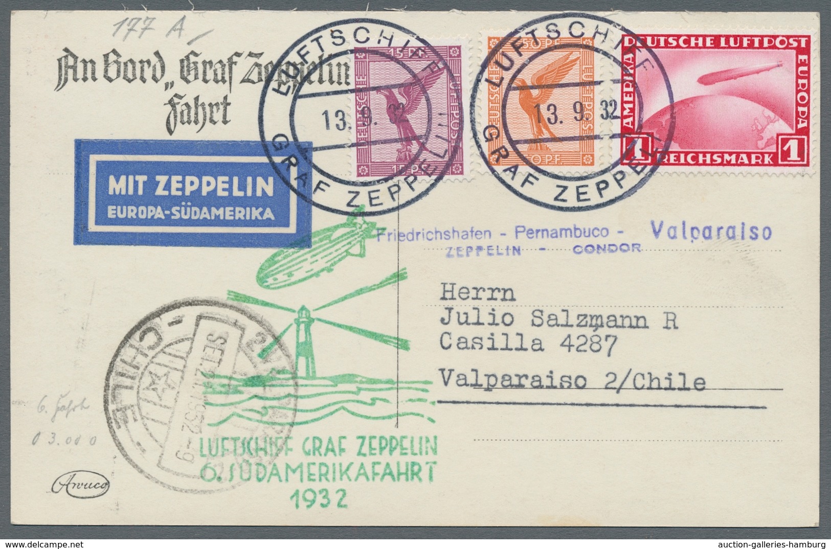 Zeppelinpost Deutschland: 1932, 6.SAF, Bordpostkarte Nach Chile, Mit Guter Frankatur 1 RM Zeppelin - Luft- Und Zeppelinpost