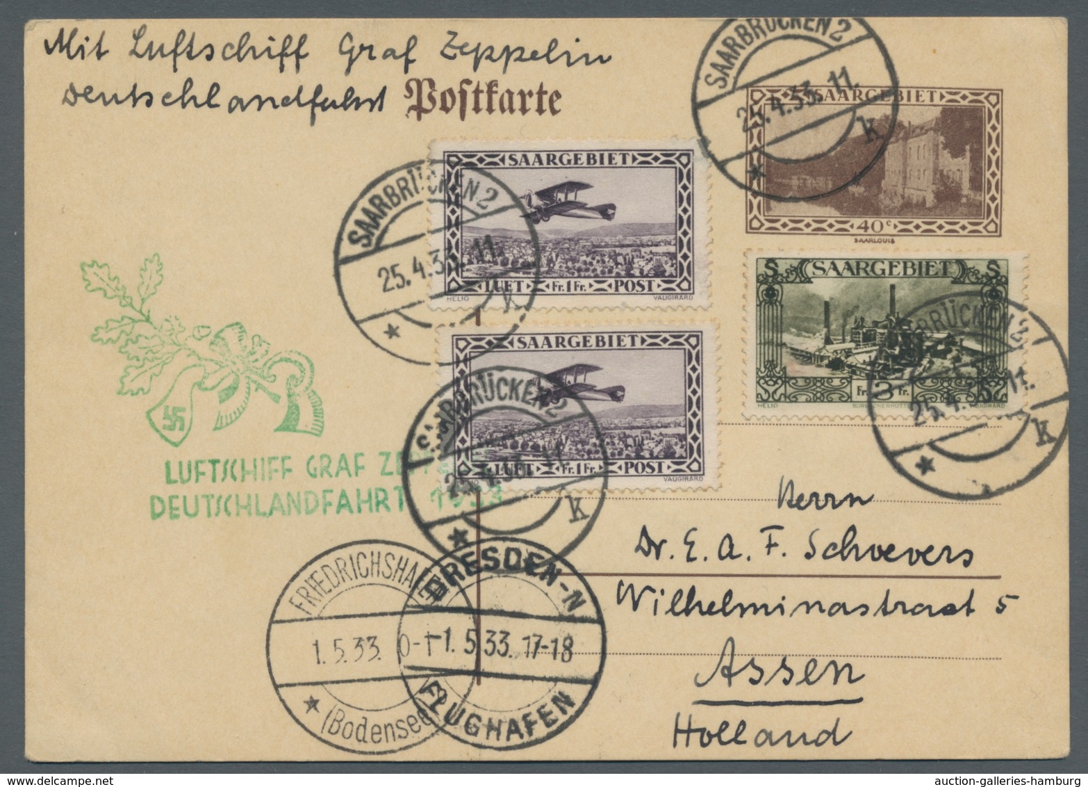 Zeppelinpost Deutschland: 1933, Deutschlandfahrt, Zuleitung SAARGEBIET, Nach ASSEN (Niederland) Am 2 - Luft- Und Zeppelinpost