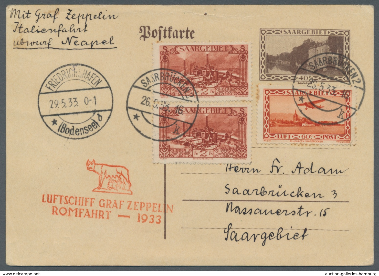 Zeppelinpost Deutschland: 1933, Rom-Fahrt, Zuleitung SAARGEBIET 26.5.33, Via Friedrichshafen 29.5., - Luft- Und Zeppelinpost