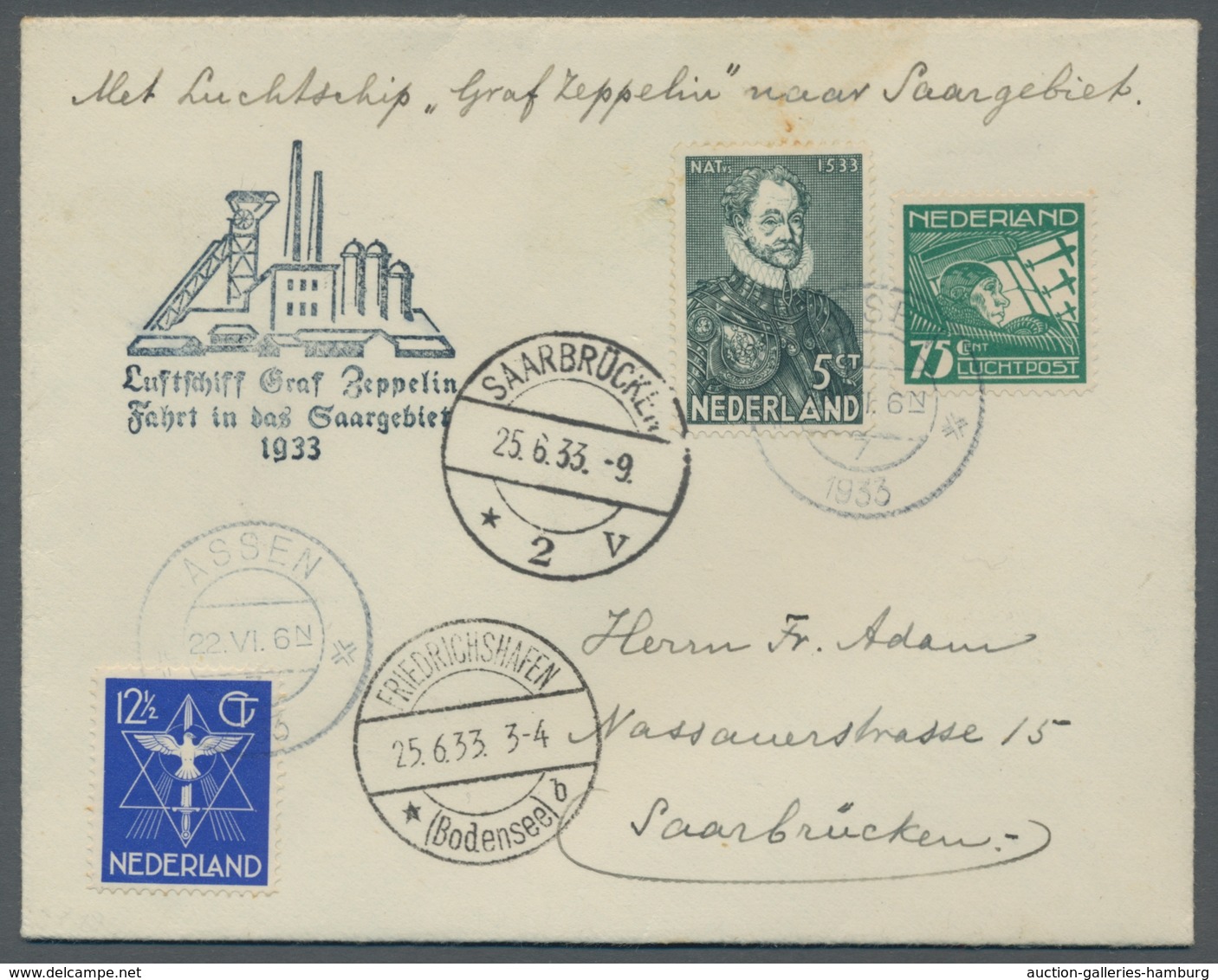 Zeppelinpost Deutschland: 1933, SAARGEBIETSFAHRT LZ 127, Zuleitung Mif. Auf Brief Ab ASSEN 22.VI.33, - Luft- Und Zeppelinpost