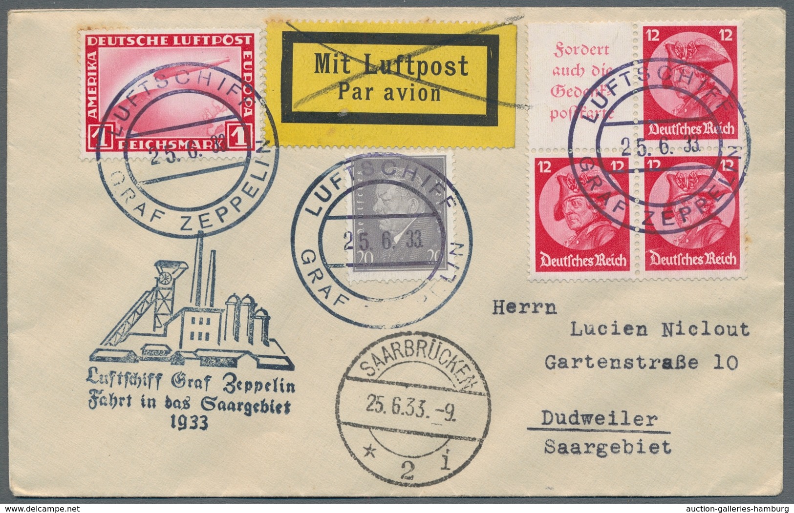 Zeppelinpost Deutschland: 1933, Fahrt In Das Saargebiet, Bordpostbrief Mit Guter Frankatur (u.a. 1 R - Luft- Und Zeppelinpost