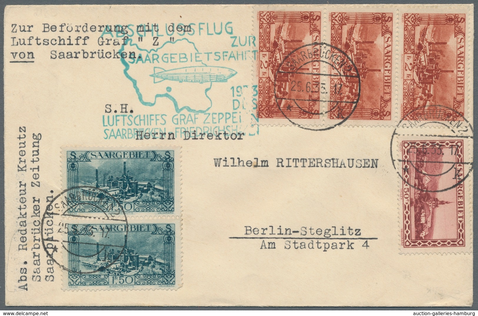 Zeppelinpost Deutschland: 1933, Saargebietsfahrt, Abschlussflug, Brief Mit Saarländischer Frankatur - Luft- Und Zeppelinpost