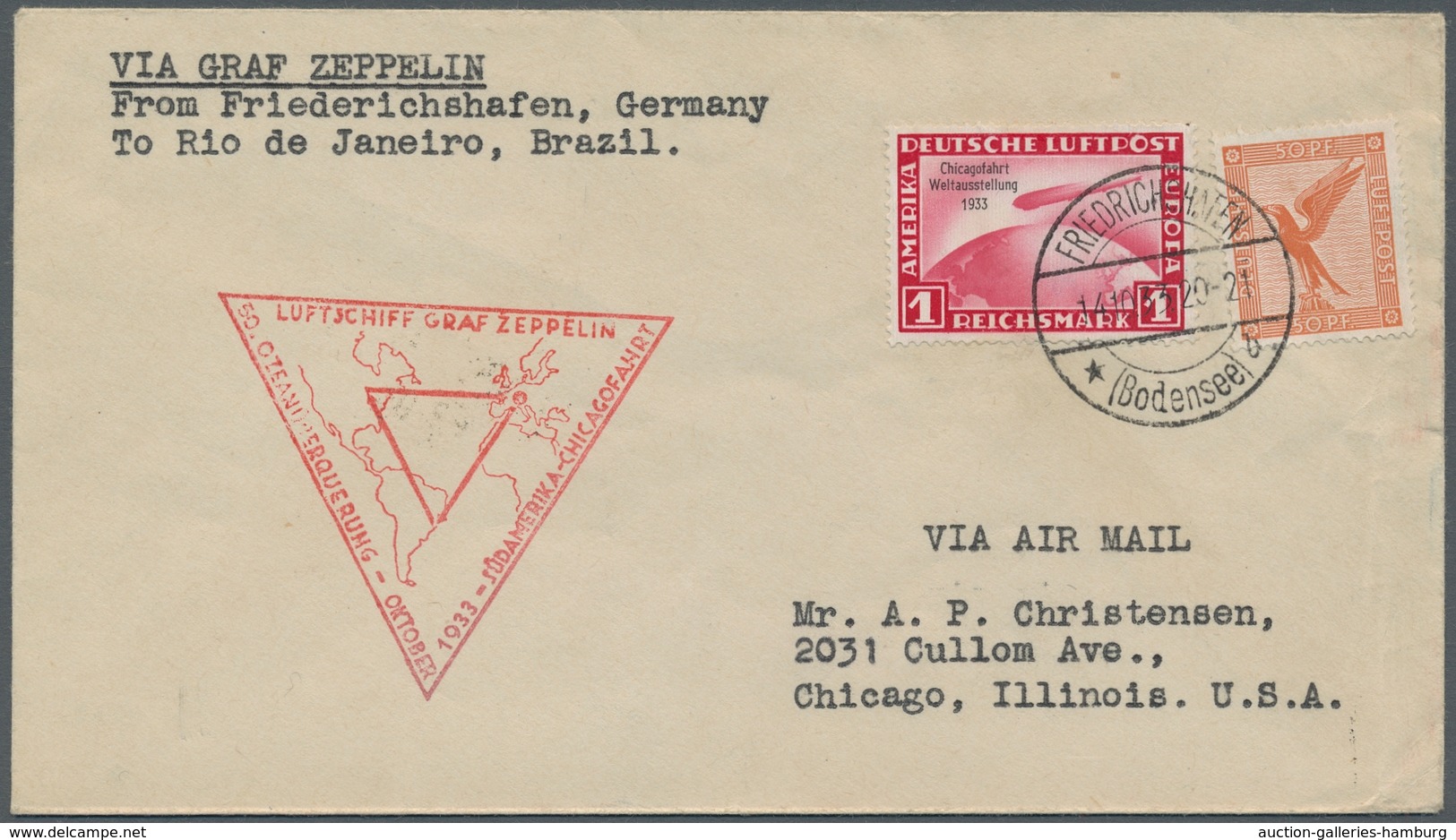 Zeppelinpost Deutschland: 1933 - Chicagofahrt, Mit 1 RM Chicagofahrt Und Zusatzfrankatur Frankierter - Luft- Und Zeppelinpost