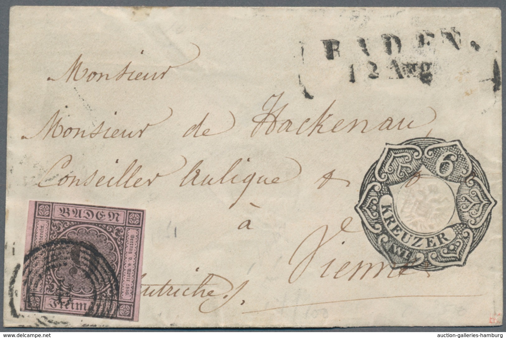 Baden - Marken Und Briefe: 1851, 9 Kreuzer Schwarz Auf Lilarosa, Entwertet Mit Fünfringstempel „8“ U - Sonstige & Ohne Zuordnung
