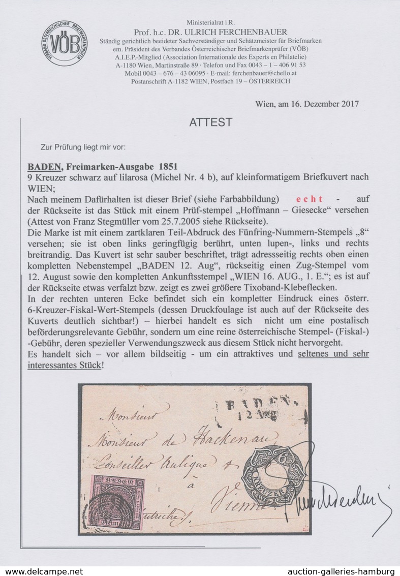 Baden - Marken Und Briefe: 1851, 9 Kreuzer Schwarz Auf Lilarosa, Entwertet Mit Fünfringstempel „8“ U - Other & Unclassified