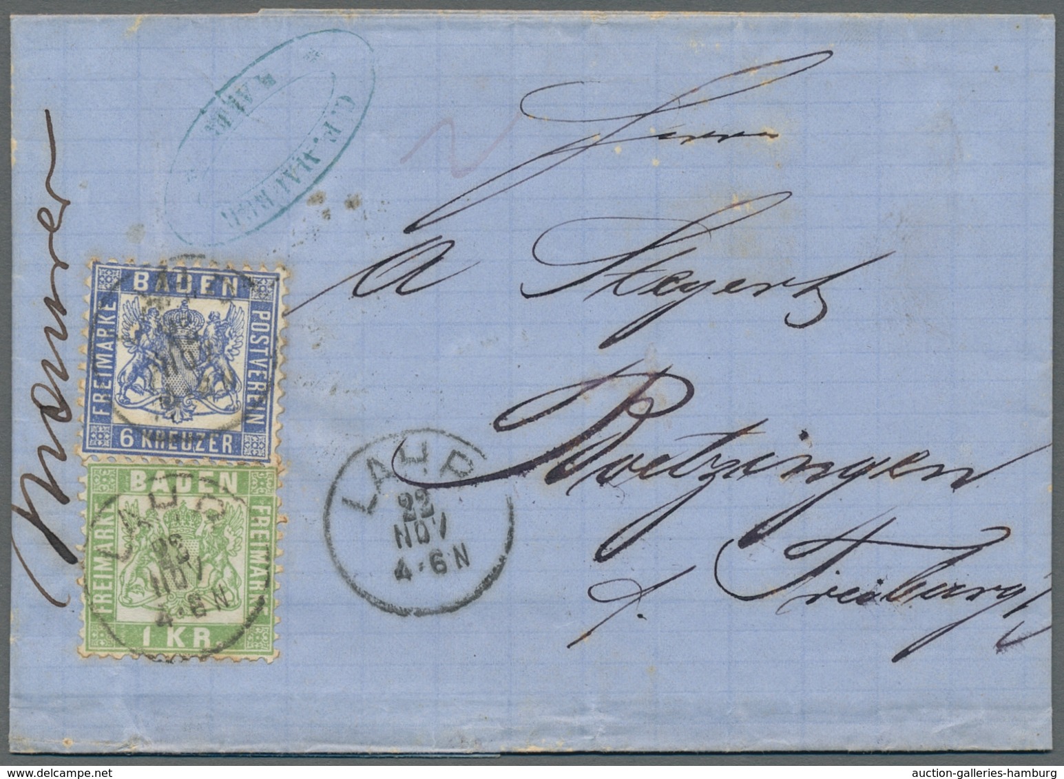 Baden - Marken Und Briefe: 1862-1868, 6 Kreuzer Preußischblau In Mischfrankatur Mit 1Kr. Lebhaftgrün - Sonstige & Ohne Zuordnung