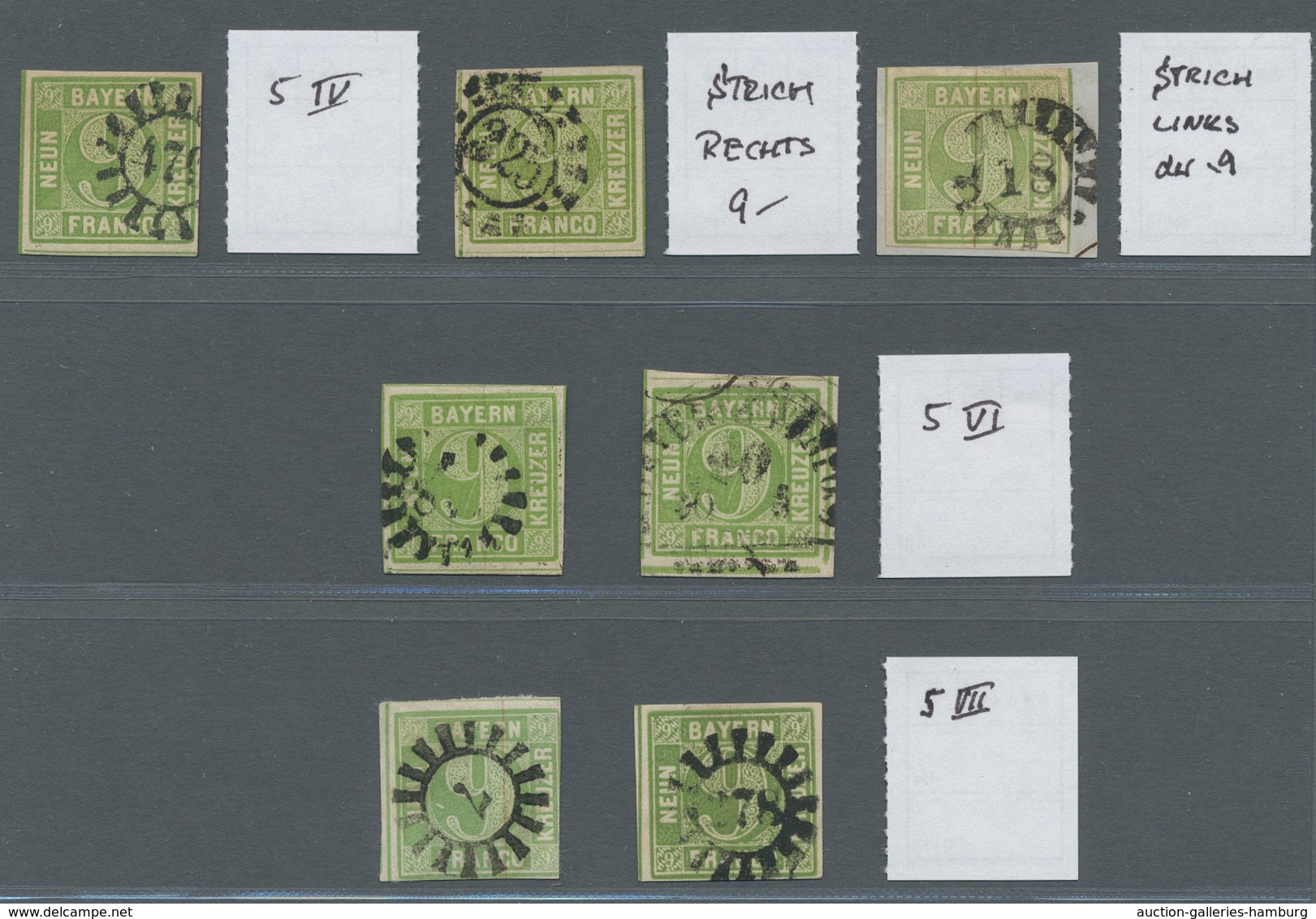 Bayern - Marken Und Briefe: 1850, 9 Kreuzer Gelbgrün Plattenfehlerpartie Von 7 Gestempelten Werten D - Other & Unclassified