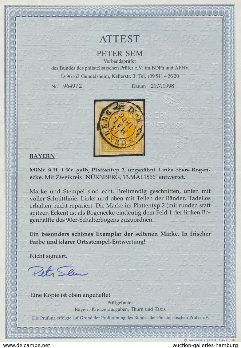 Bayern - Marken Und Briefe: 1862: BOGENECKE Der 1 Kr. Gelb, Plattentyp II, Ungezähnt In Sehr Frische - Sonstige & Ohne Zuordnung