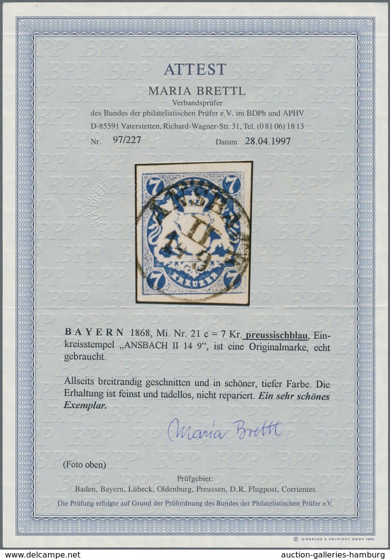 Bayern - Marken Und Briefe: 1868, 7 Kr. In Seltener Farbe PREUSSISCHBLAU, Allseits Breitrandig Gesch - Other & Unclassified