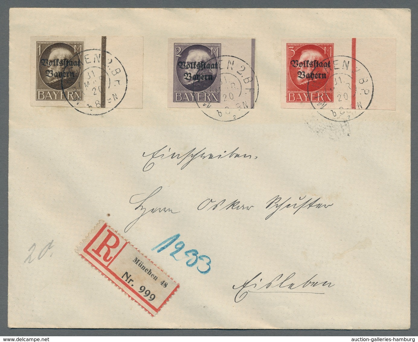 Bayern - Marken Und Briefe: 1919, "Volksstatt"-Satz Geschnitten 20 Werte Komplett Auf 3 Echtgelaufen - Other & Unclassified