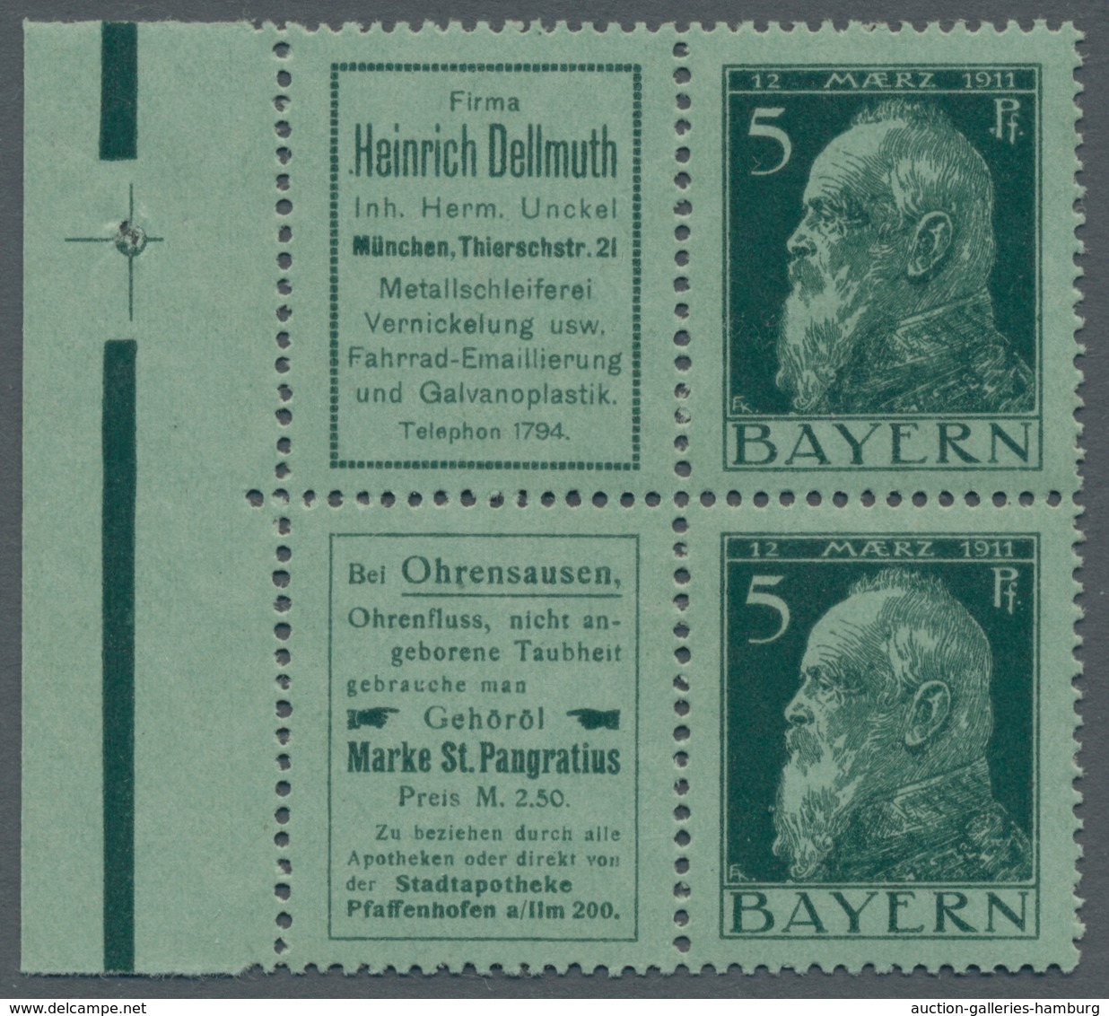 Bayern - Zusammendrucke: 1911, Bayern Partie Zusammendrucke 5 Pf. Luitpold, W U.WZ 1.44 U. 1.45, Wz - Other & Unclassified