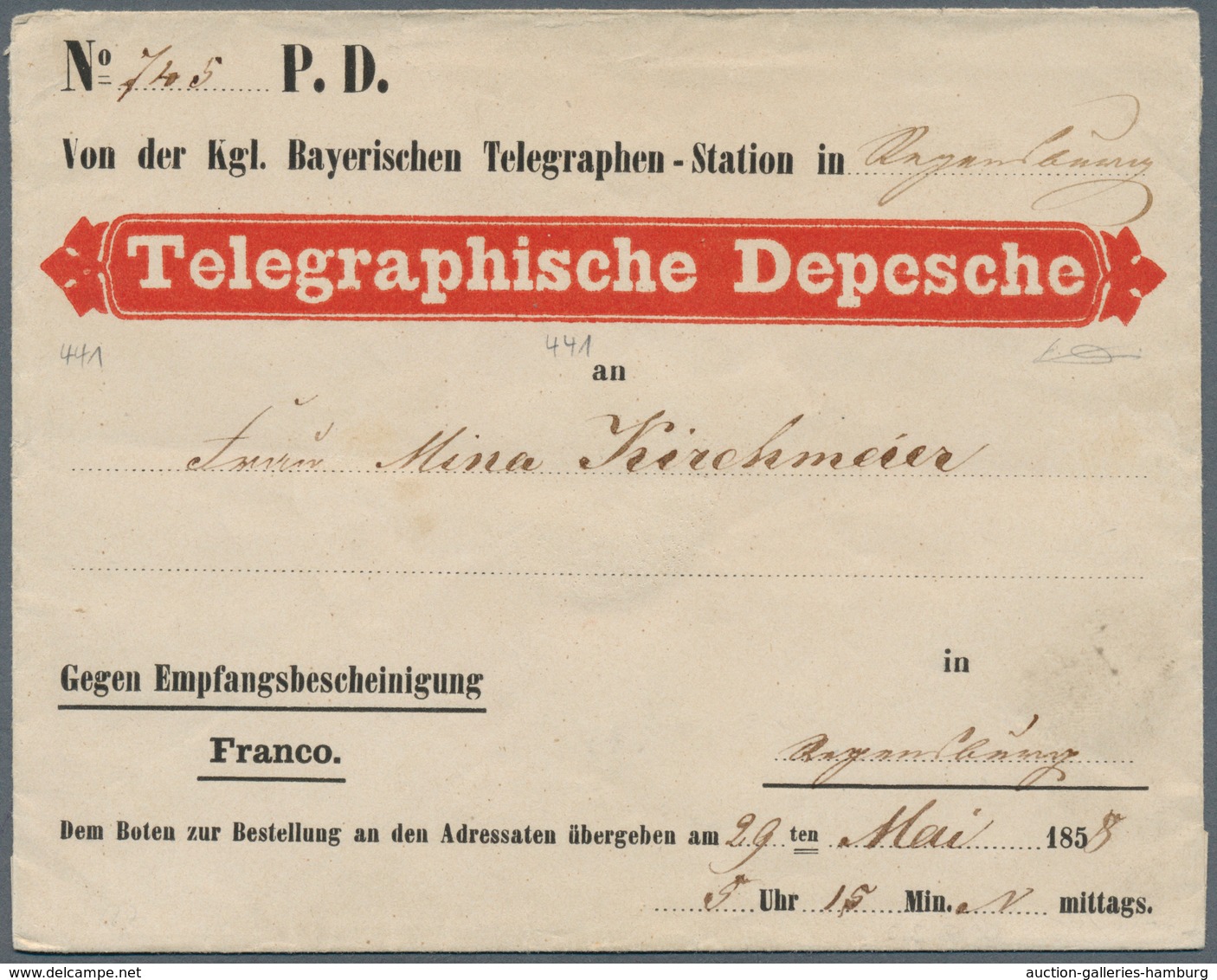 Bayern - Besonderheiten: 1858/1880, "Telegraphische Depesche" Umschlag In Regensburg 1858 Gelaufen U - Sonstige & Ohne Zuordnung