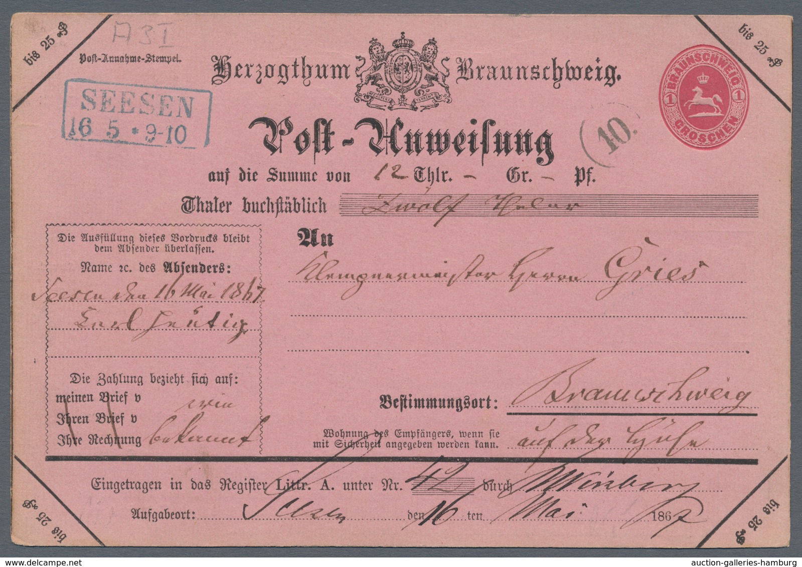 Braunschweig - Ganzsachen: 1867, Postanweisung 1 Gr. Sehr Sauber Gebraucht Mit Rahmenstempel "Seesen - Brunswick