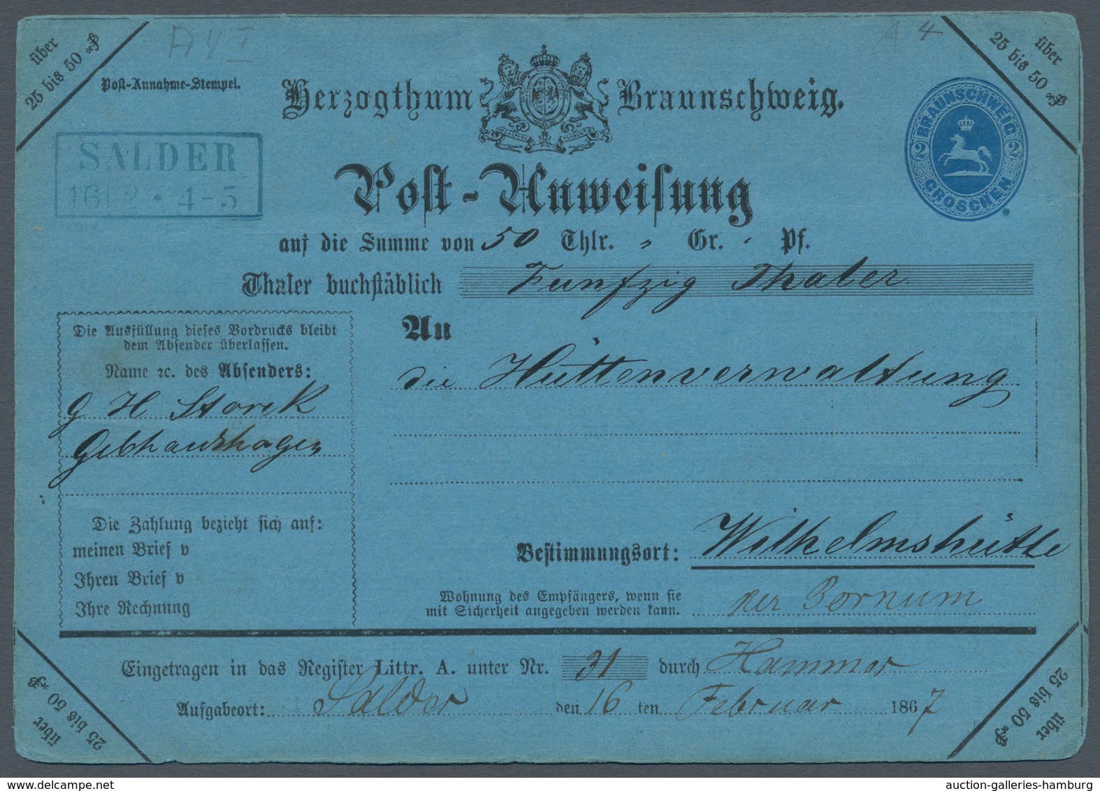 Braunschweig - Ganzsachen: 1867, Postanweisung 2 Gr. Sehr Sauber Gebraucht Mit Rechteckstempel "Sald - Brunswick