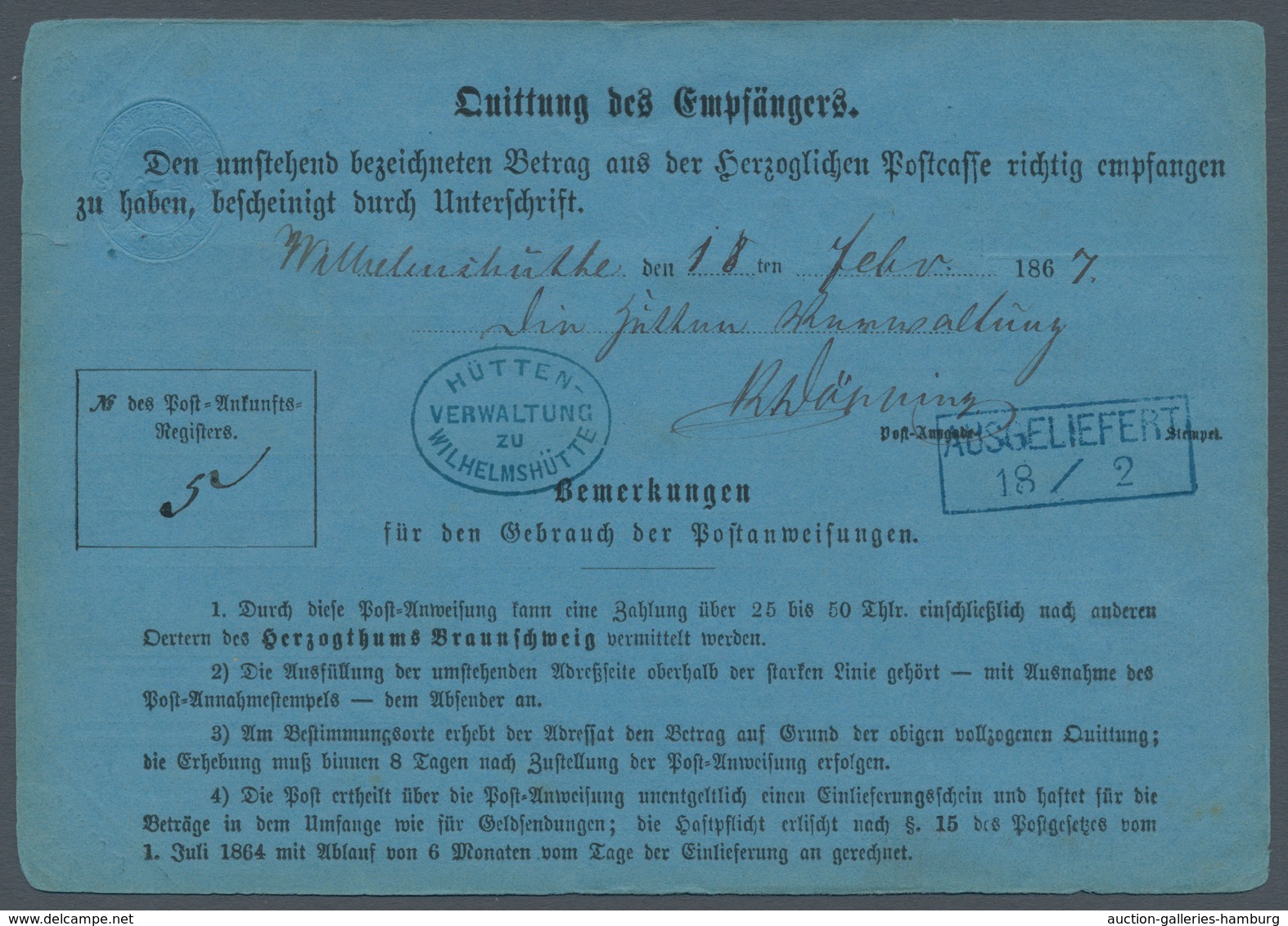 Braunschweig - Ganzsachen: 1867, Postanweisung 2 Gr. Sehr Sauber Gebraucht Mit Rechteckstempel "Sald - Brunswick