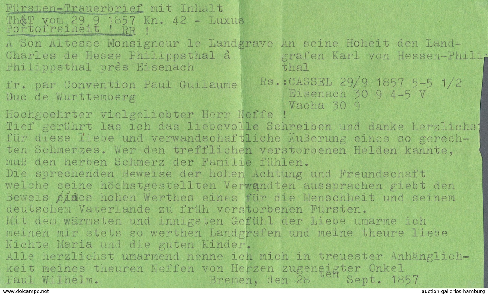 Bremen - Thurn & Taxis Sches Oberpostamt: 1857, Fürsten-Kondolenzbrief Zum Tode Des Fürsten Von Hess - Bremen