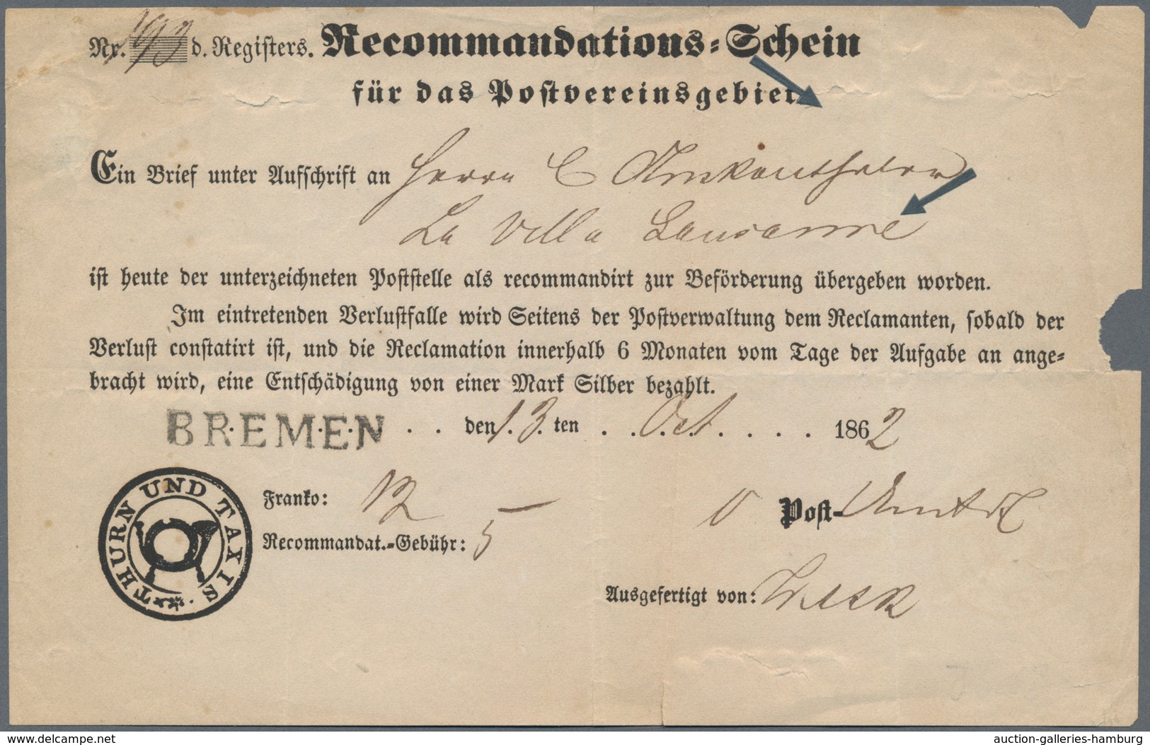 Bremen - Thurn & Taxis sches Oberpostamt: 1859-62 (ca.), drei markenlose Briefe jeweils mit EKr BREM