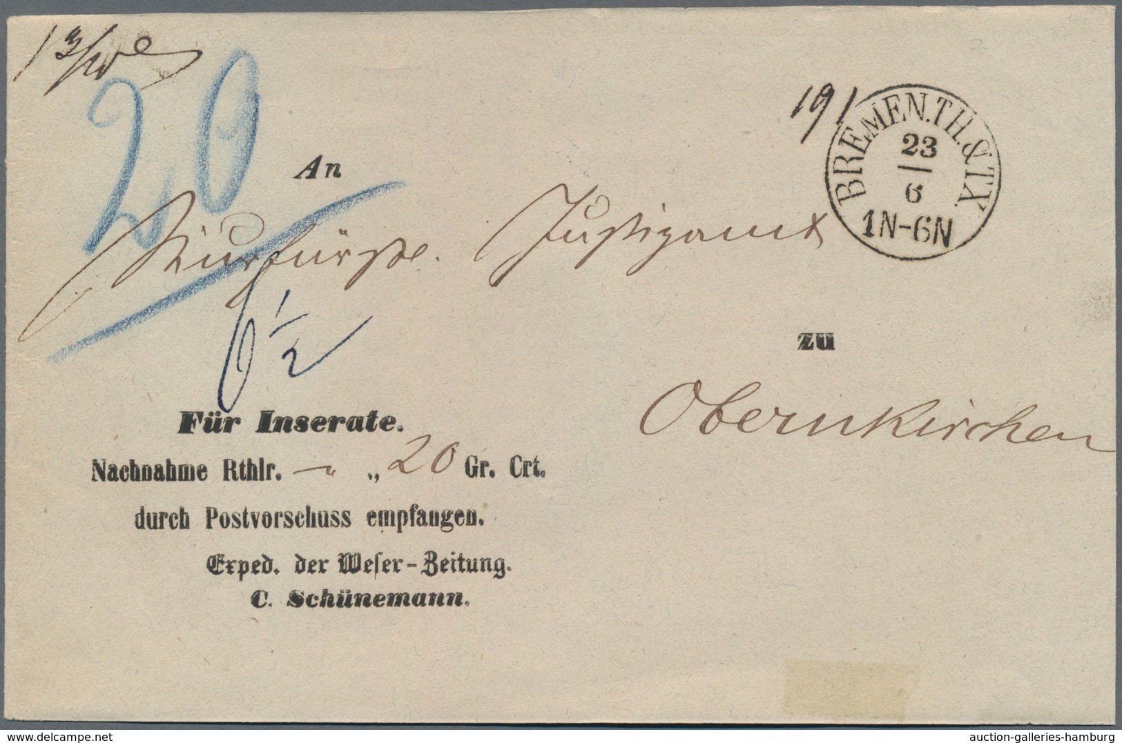 Bremen - Thurn & Taxis Sches Oberpostamt: 1860 (ca.), Zwei Postvorschuss-Briefe, Jeweils Mit EKr BRE - Bremen