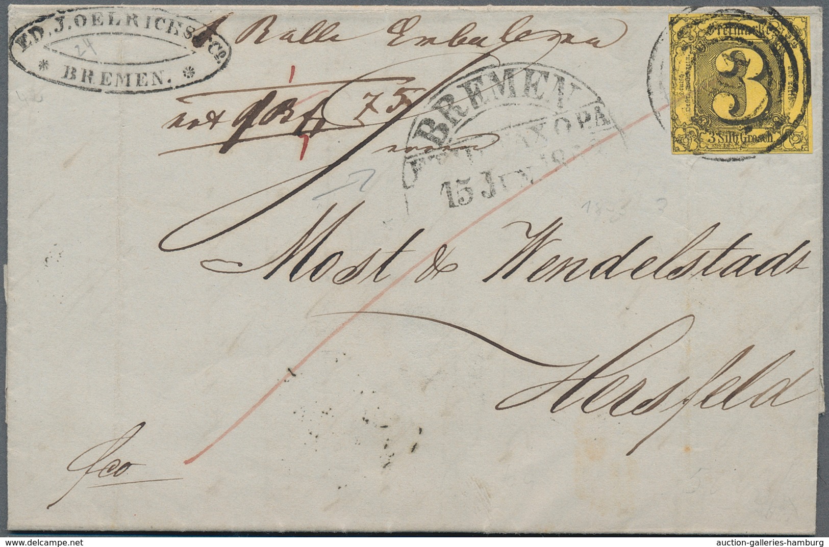 Bremen - Stempel: 1853, Vorphila-Segmentstempel "BREMEN F.TH.u.TAX.O P.A." Und Taxis-Nummernstempel - Bremen