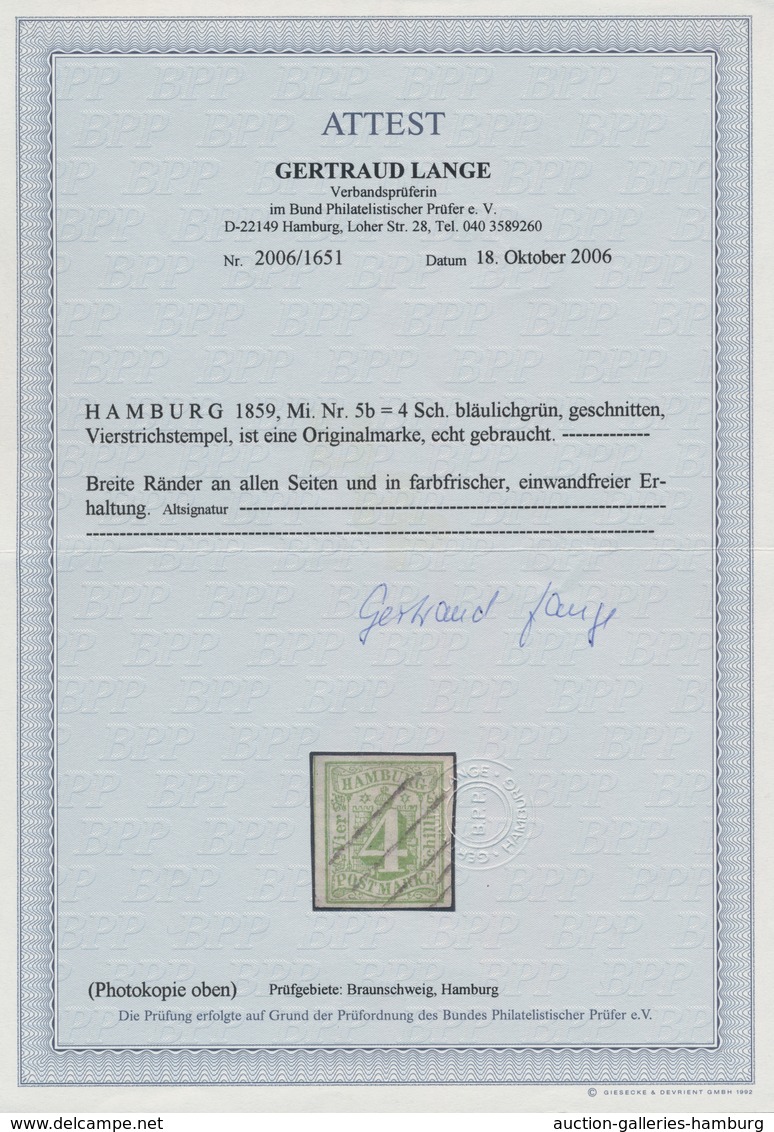 Hamburg - Marken Und Briefe: 1859: 4 Schilling Bläulichgrün, Allseits Breitrandig Geschnitten, Entwe - Hamburg