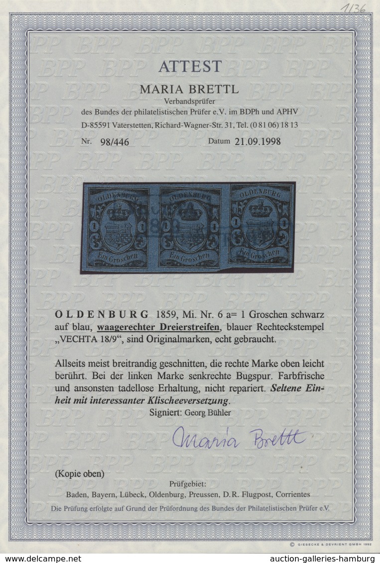 Oldenburg - Marken Und Briefe: 1859/61: 1 Gr. Schwarz Auf Blau, Waagerechter Dreierstreifen, Farbfri - Oldenburg