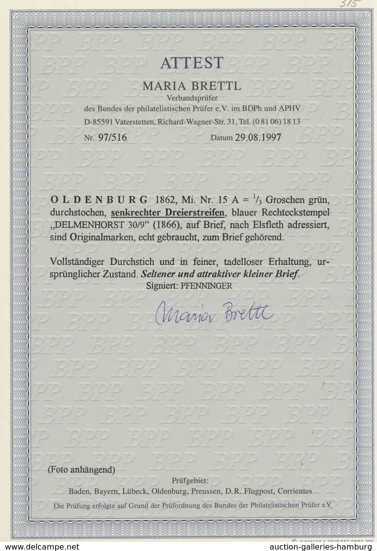 Oldenburg - Marken Und Briefe: 1862: Wappen ⅓ Gr. Grün, Eng Durchstochen, Senkrechter Dreierstreifen - Oldenburg